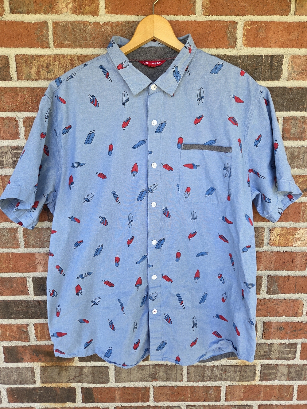 UNIONBAY Light Blue Short Sleeve Button-Down with Red & Navy Popsicles
